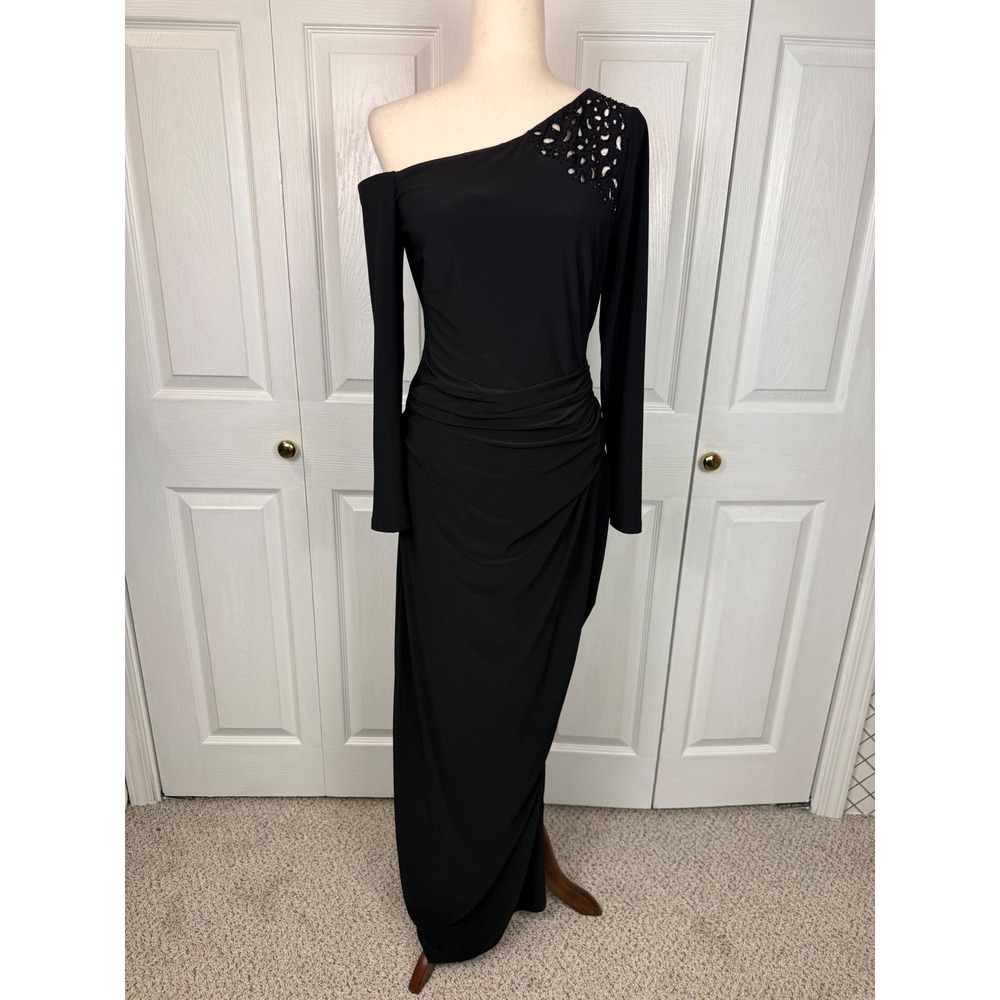 Lauren Ralph Lauren Black One Shoulder Ruched Beaded Maxi Evening Gown Dress 6